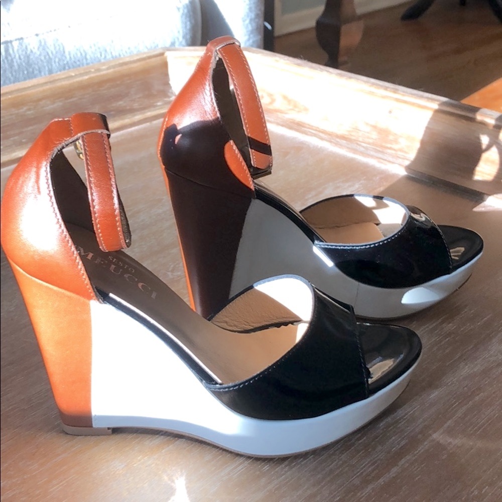 Sesto Meucci Black, White & Brown Colorblock Wedge Sandals